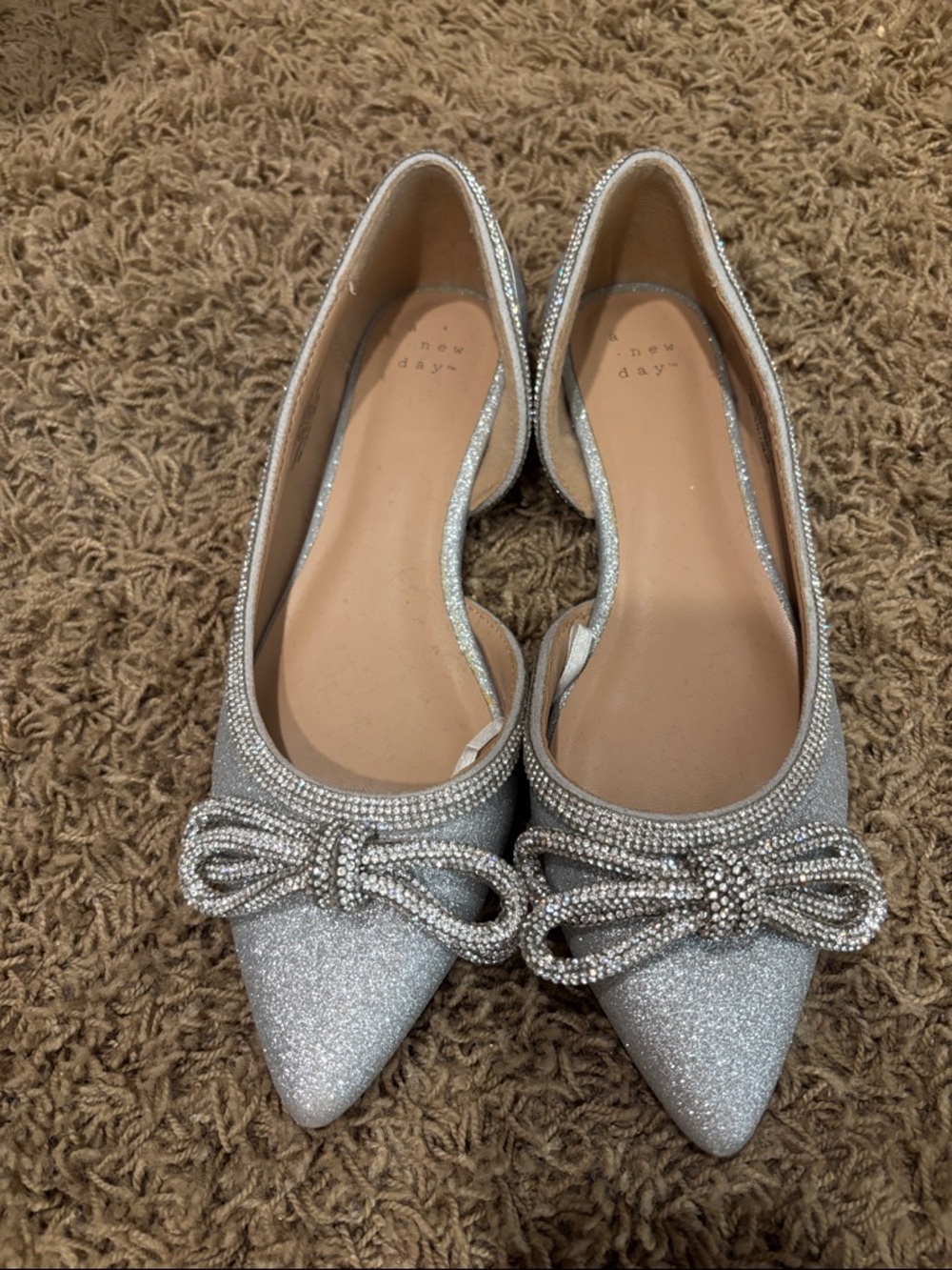a new day Silver Glitter Pointed Ballet Flats with Bow